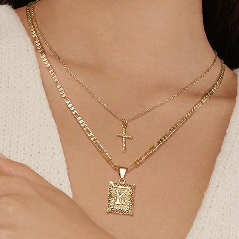 14K Initial Necklace with Cross – Layered Gold Letter Pendant