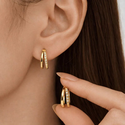 Double Hoop Earrings with Zircon – 18K Gold Plated