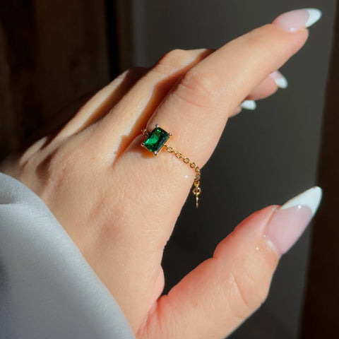 Emerald Green Chain Ring – Adjustable Gold Self Love Ring