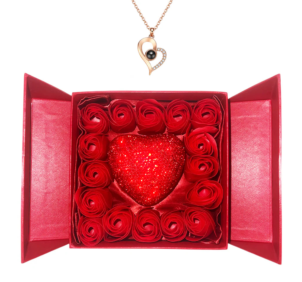 Heart Rose Gift Box with I Love You Projection Necklace