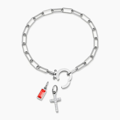 Paperclip Birthstone Cross Charm Bracelet
