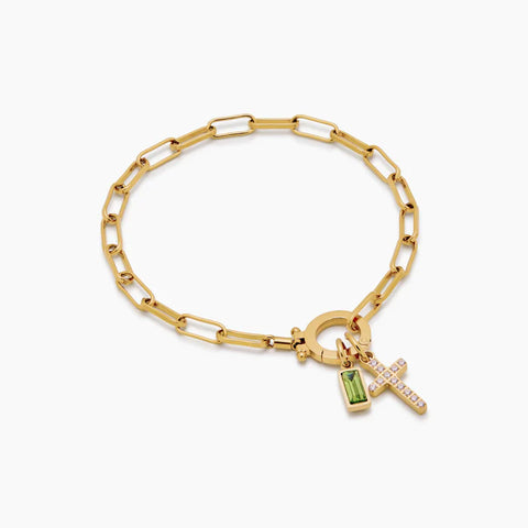 Paperclip Birthstone Cross Charm Bracelet