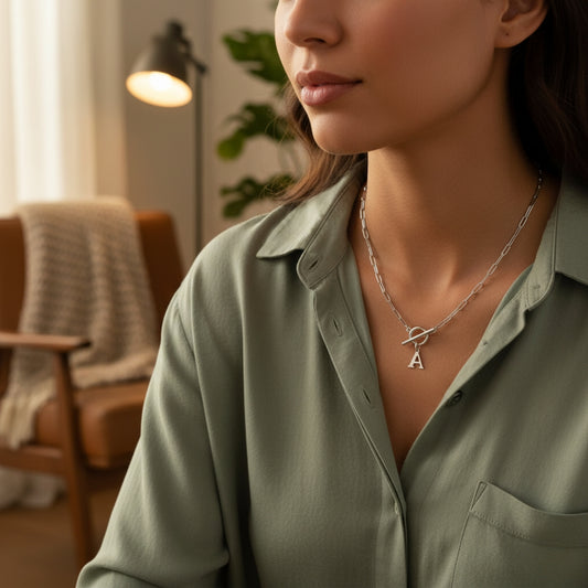 Paperclip Letter Initial Circle Lock Clasp Necklace